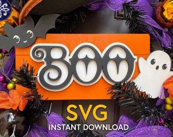 Halloween Boo sign SVG file - cute happy ghost bat - kids room nursery wreath yard wood decorate - Glowforge Silhouette Cricut laser cutter
