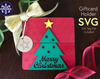 Christmas gift card holder SVG file - holiday Xmas tree ornament present idea with tag - recycle gift wrap template - Glowforge laser cut