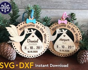 Baby First Christmas Ornament SVG file - stork with baby stats birth announcement - infant newborn gift - Glowforge laser cut
