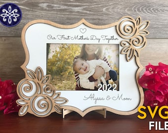 First Mother&#39;s Day Together frame SVG file - happy mother&#39;s day gift picture frame for mom grandma flower floral - Glowforge laser cut