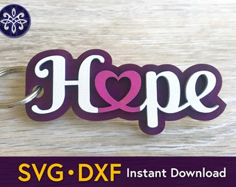 Cancer awareness keychain SVG DXF file - pink ribbon breast cancer fighter survivor - chemo gift support hope believe - Glowforge laser cut