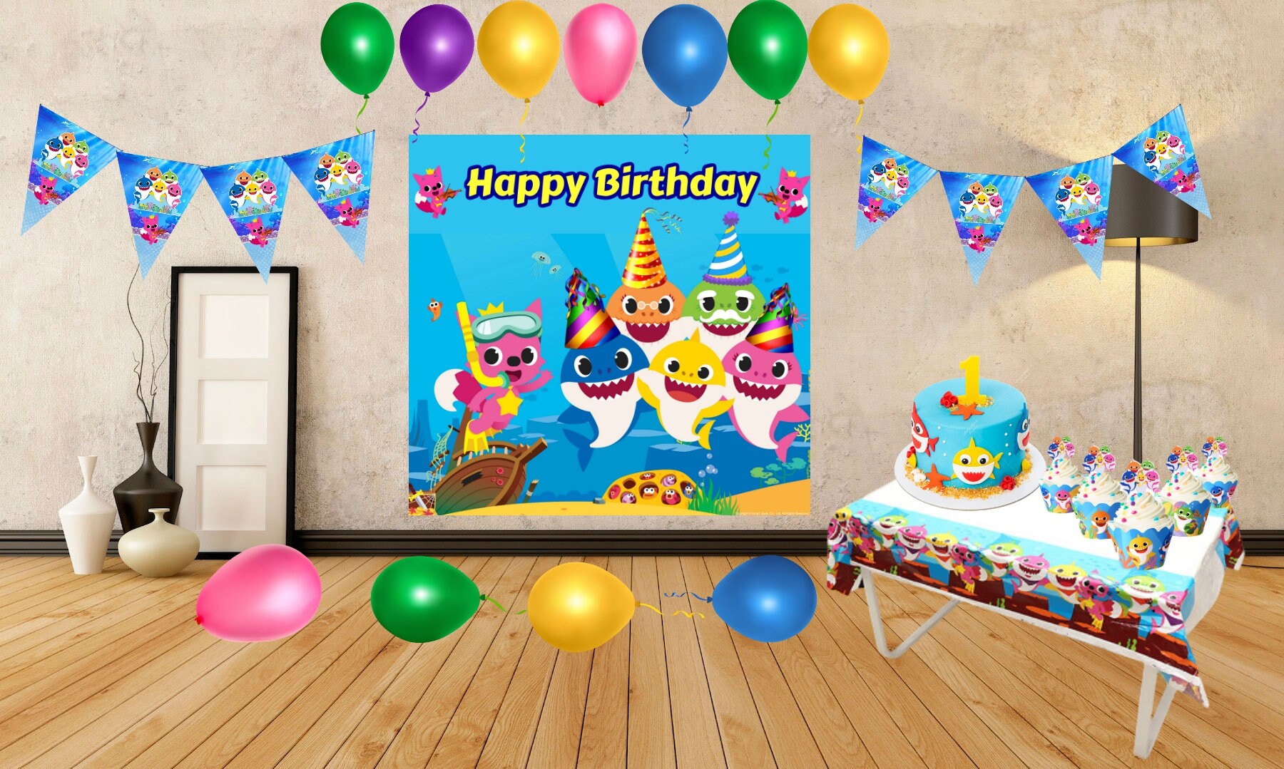 Customized Baby Shark Birthday Party Supplies Complete Set, DIY Decor