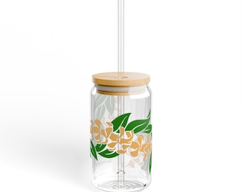 Vaso para sorbos Hawaii PUAKENIKENI, 16 oz, con temática hawaiana personalizada, café helado, tapa de bambú y pajita.