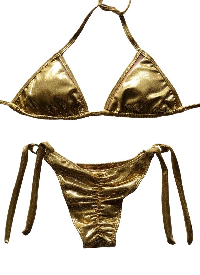 Metallic GOLD Brazilian Bikini Set, Shiny Brazilian Swimwear, Adjustable  Tie Bikini Top, Cheeky Side Tie Bikini Bottom, Women's Swimwear -   Canada