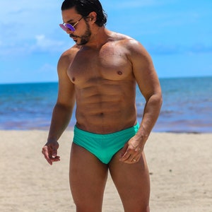 SOLID COLORS: Low Rise Brazilian Swim Briefs, Designer Drawstring Swimsuit for Men, Sexy Bathing Suit