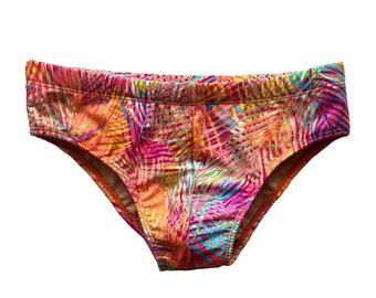 Designer Tropical Low Rise Swim Brief: Brazilian Cut, Drawstring, Men's Sexy Swimwear
