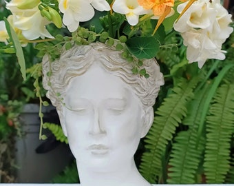 Goddess Helen of Troy Plaster Bust Decorative Pot  Planter - Greek Mythology Home Decor - Handcrafted Greek Goddess Vase - Plant Home Decor