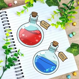 May include: Two round glass potion bottles with cork stoppers. One bottle contains red liquid with small white hearts and a tag labeled HEALY NUM NUMS. The other bottle contains blue liquid with bubbles and a tag labeled MANA POTION.
