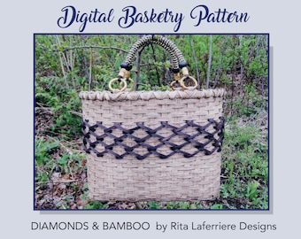 May include: A woven basket with a brown leather diamond pattern and gold handles. The basket is made of natural materials and has a rustic look. The text "DIAMONDS & BAMBOO by Rita Laferriere Designs" is at the bottom of the image.