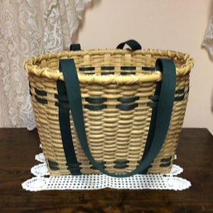 Handcrafted in USA woven tote basket with canvas straps