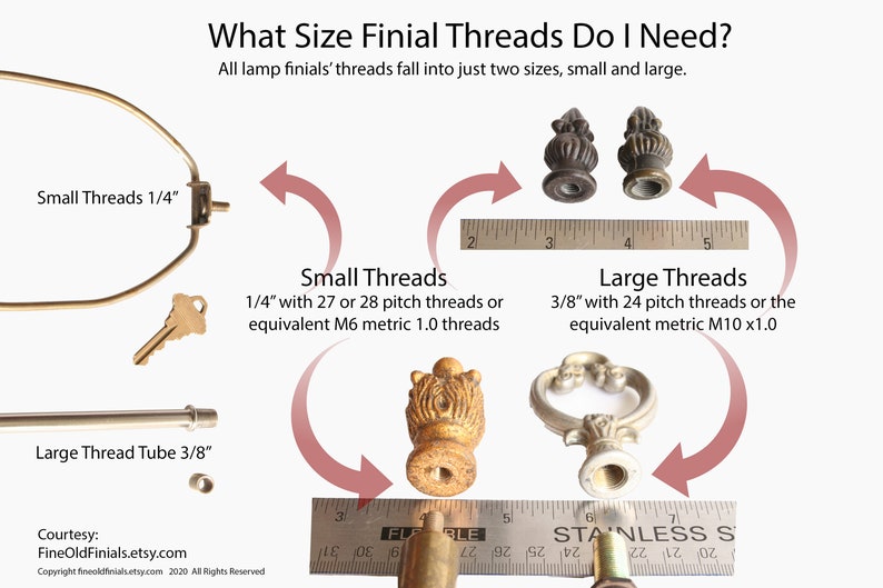 Lamp Rod Thread Size Big Heavy Solid Brass Gun Shell Lamp Finial - Small Threads - 1.2