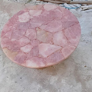 Round Rose Quartz Crystal Coffee Table, Countertop Desk, Agate Table Top, Pink Quartz Stone, Bar Table, Home & Cafeteria Decor