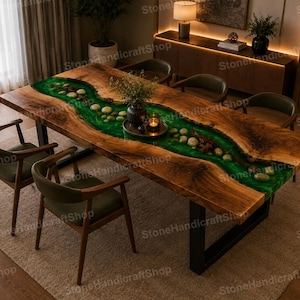 Custom Green Resin Dining Table, Solid Wood Live Edge Table, Modern Statement Furniture