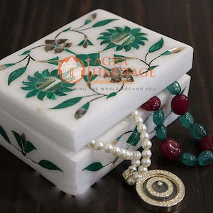 4&quot;x3&quot;x2&quot; White Marble Storage Jewelry Box Malachite Floral Inlay Art Decor Gift For Friends