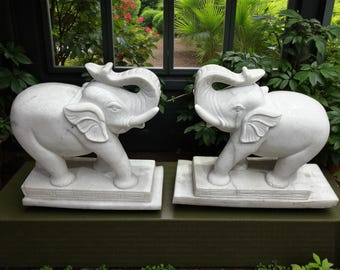 Handmade White Marble Elephant Statue Pair : Indian Sculpture Decorative Gift Art