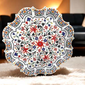 Exclusive White Marble Inlay Plate Multi Stone Floral Mosaic Handmade Work Unique Kitchen Accessories Home Decorative Gifts