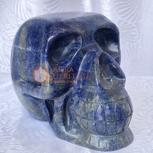 Lapis Cranium Skull Semi Precious Hand Carved Super Realistic Sculpture Figurine Home Decor