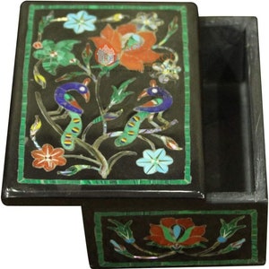 3&quot;x2&quot; Black Marble Floral Decor Jewelry Box Inlaid Pauashell With Malachite Gemstone Art