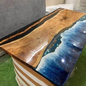 Ocean Waves Epoxy Countertop Dining Table Acacia Wood Kitchen Slab Luxury Furniture Balcony Side Table Conference Meeting Home Decors