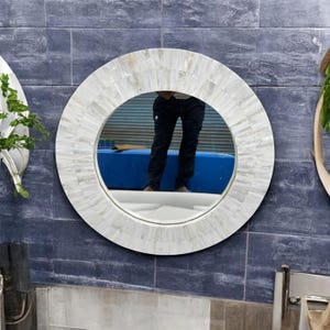 Exclusive Mother of Pearl Stone Wall Hanging Mirror Handmade Art Luxury Bathroom Interior Home Decor