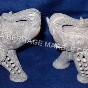 5&quot; Natural Marble Pair of Elephant Handmade Statue Living Room Home Showpiece Gift Decor