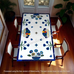Rectangle White Marble Inlay Dining Table Lapis Lazuli Precious Stone Flowers & Fruit Basket Design Handmade Home Interior Centerpiece Deco