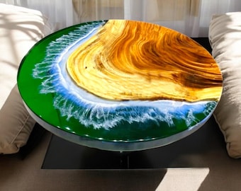 Green Epoxy Resin Side Table: Handmade Natural Wood River Design