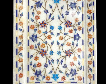 Witmarmeren dienblad: bloemeninlegsel, halfedelsteen (11"x8")