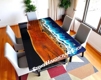 Ocean Wave Epoxy Coffee Table: Handmade Acacia Wood Furniture