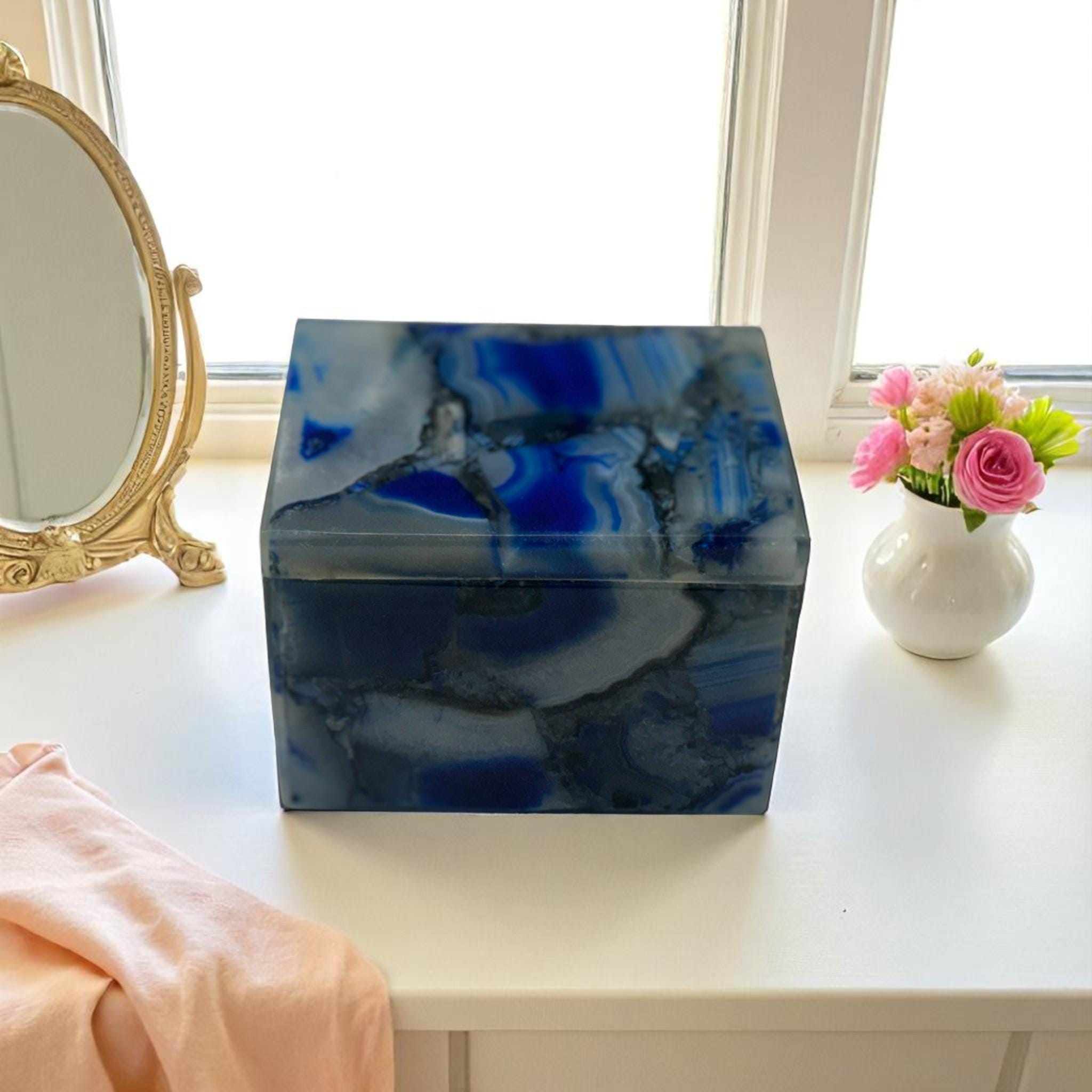 4インチ×3インチ×2インチの高級ブルーアゲートジュエリーボックス - 半