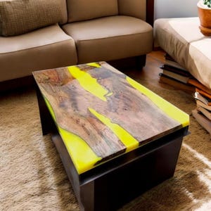 Acacia Wood Coffee Table: Yellow Epoxy Resin, Mid Century Modern