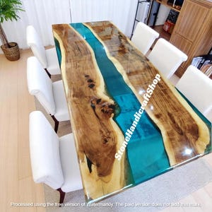 Clear Blue Epoxy Top Dining Table Acacia Wood Walnut Sofa Centerpiece Live Edge Furniture Office Meeting Room & Home Interior