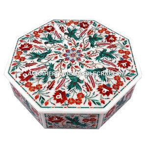 White Marble Jewelry Storage Box Handicraft Floral Malachite Parrot Inlay Design Decorative Wedding Gift