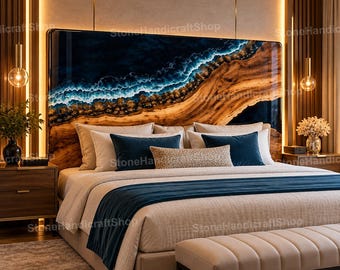 Cabeceira de cama em resina epóxi com ondas do oceano, painel traseiro em madeira maciça com borda natural, decoração de parede de luxo feita à mão para quarto.