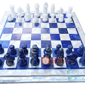 Handmade Lapis Lazuli Chess Set: Mother of Pearl Inlaid Stone Board