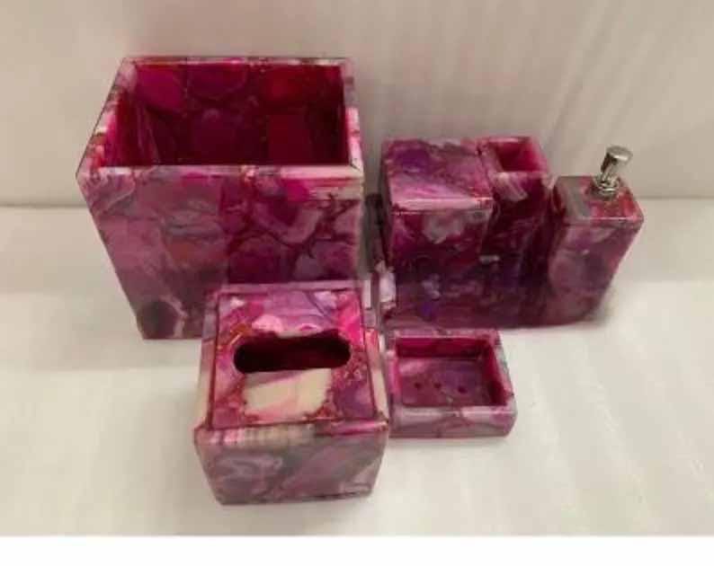 Pink Agate Stone Bathroom Set, Bathroom Accessories, Set of 7 Pcs, Natural Handmade Design Vanity Top Bath Set Home & Hotel Decor