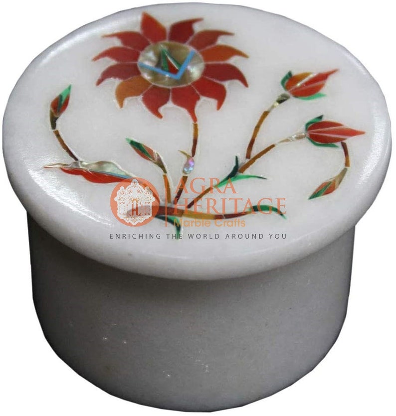 2x2 Marble White Handmade Trinket Ring Box Carnelian Floral Marquetry Art Veterans Gift