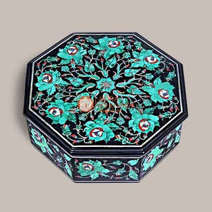 Schwarzer Marmor Schmuck Box Benutzerdefinierte Malachit eingelegte Intarsien Blumenmuster Hochzeitsgeschenk für sie 7 "x7" x 2"