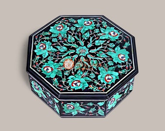 Black Marble Jewelry Custom Box Malachite Inlaid Marquetry Floral Design Wedding Gift For Her 7"x7"x2"