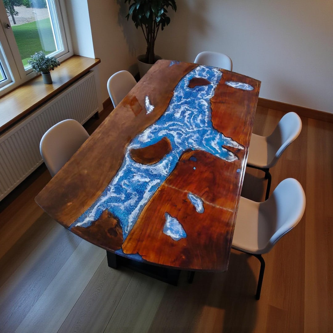 Handmade Ocean Epoxy Resin Dining Table, Live Edge Wood River Table - Etsy
