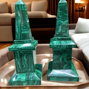 Natural Malachite Obelisk Pair Handmade Stone Tower Pair Unique Gemstone Decor & Gift Idea
