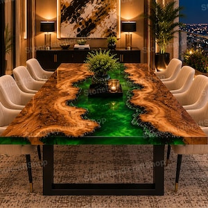 Plateau de table fait main en résine époxy verte, bois d'acacia et noyer, mobilier de salle à manger, bord naturel, décoration intérieure, article fabriqué sur commande