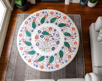 Weißer Marmor Inlay Tischplatte: Pfau & Blumenmuster, Handgefertigter Stein Couchtisch