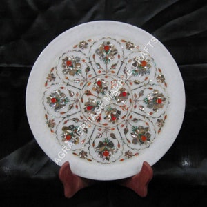 White Marble Round Serving Plate Semi Precious Inlay Stone Kitchen Gift Decorative