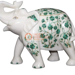 9&quot; White Marble Elephant Sculpture Malachite Stone Floral Arts Top Handcraft Designer Christmas Gift Top Housewarming Decors