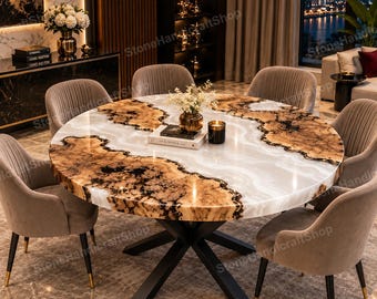 Mesa de comedor hecha a mano de resina epoxi blanca, mesa redonda de madera de raíz natural, muebles contemporáneos de lujo para interiores modernos.