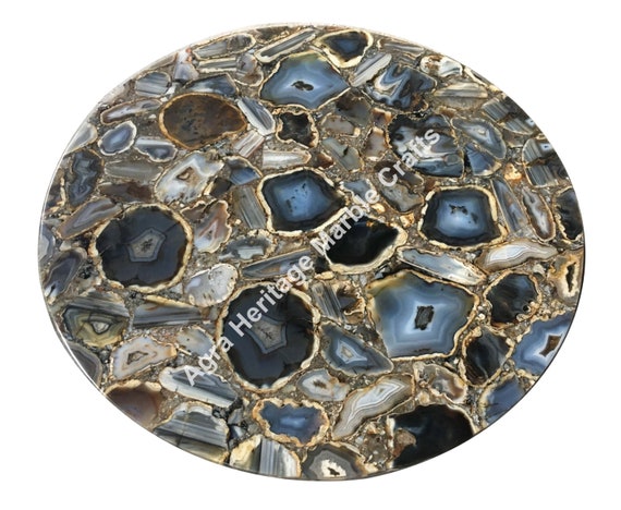 24 Round Black Coffee Table Top Black Agate Stone Etsy