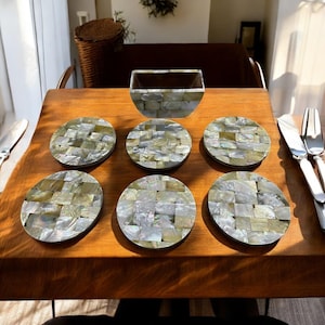 Stunning Marble Coaster Set Handmade Semi Precious Mother of Pearl Gemstone Drink & Barware Coasters Kitchen Decorative Unique Gifts