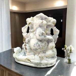 Beautiful Dendrite Stone Marble Ganesh Statue Hand Carved Idol Ganpati Murti Sculpture Figurine Hindu Religion Temple Decor