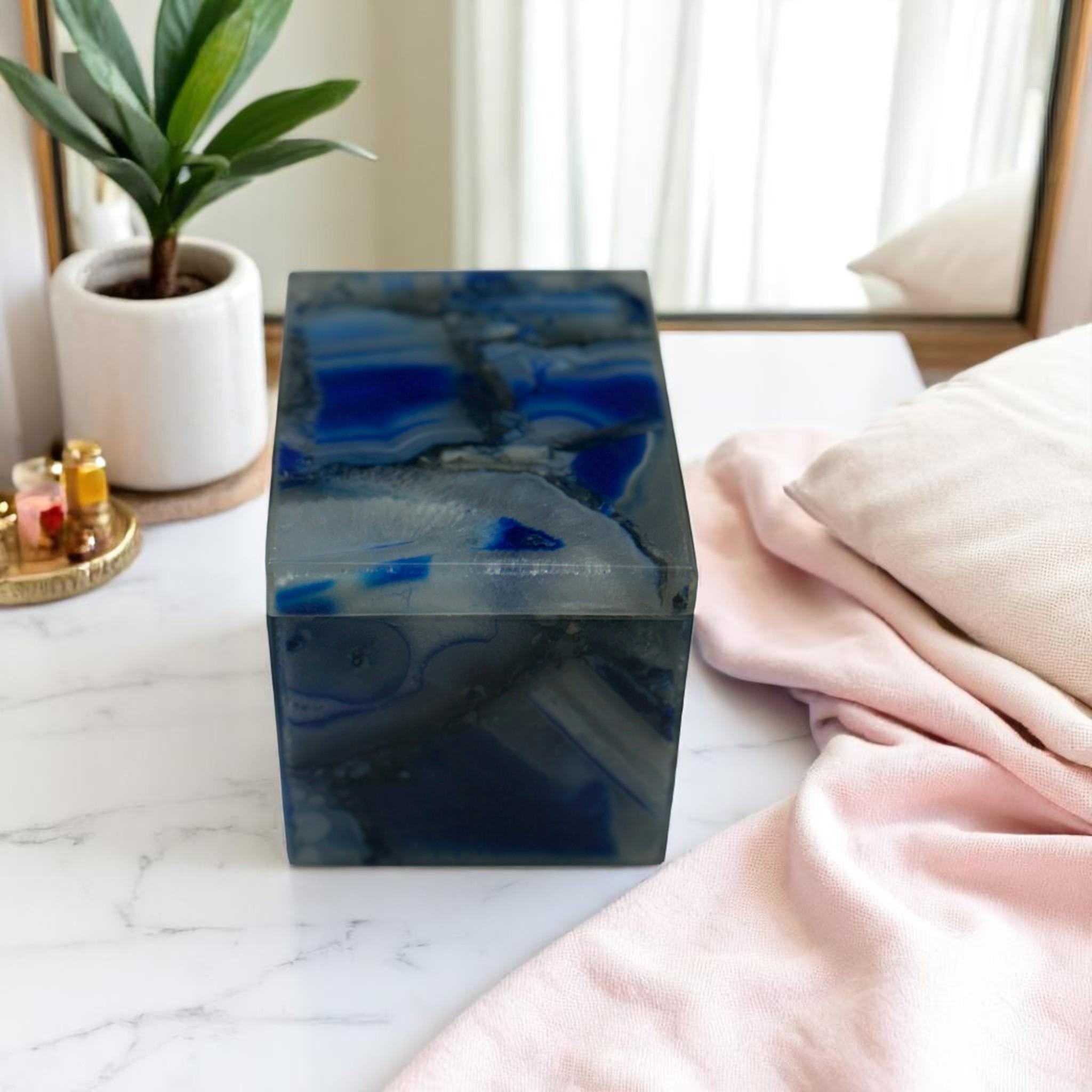 4インチ×3インチ×2インチの高級ブルーアゲートジュエリーボックス - 半